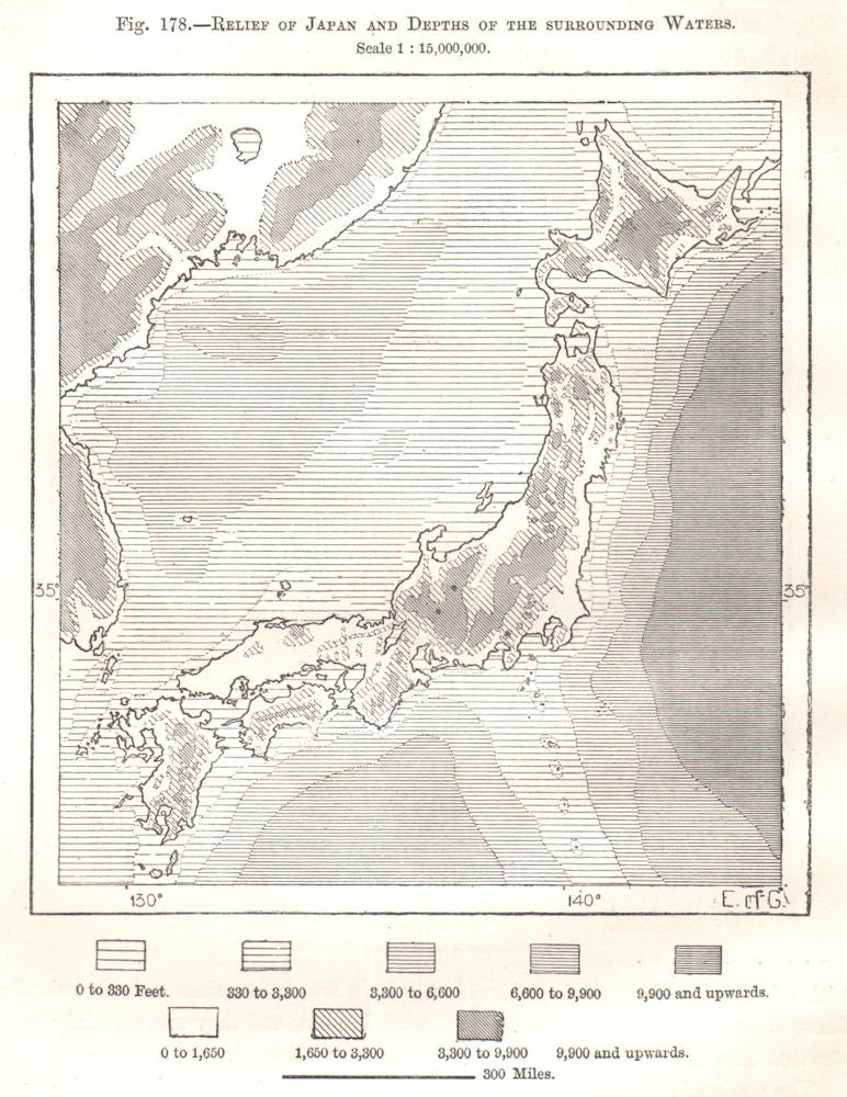 Relief of Japan and Depths of the Surrounding Waters. Sketch map 1885 old